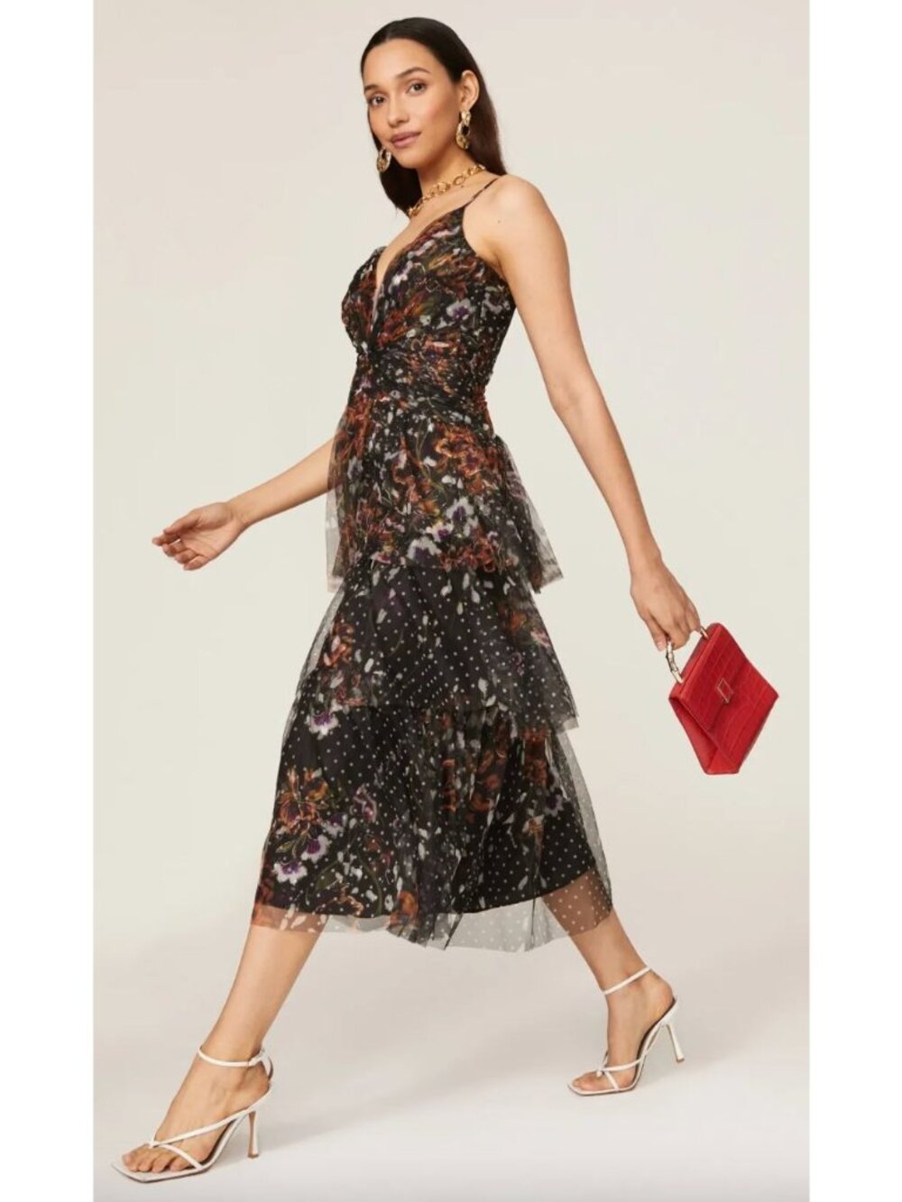 Marchesa Notte $495 Dot Tiered Tulle Midi Dress Size 6